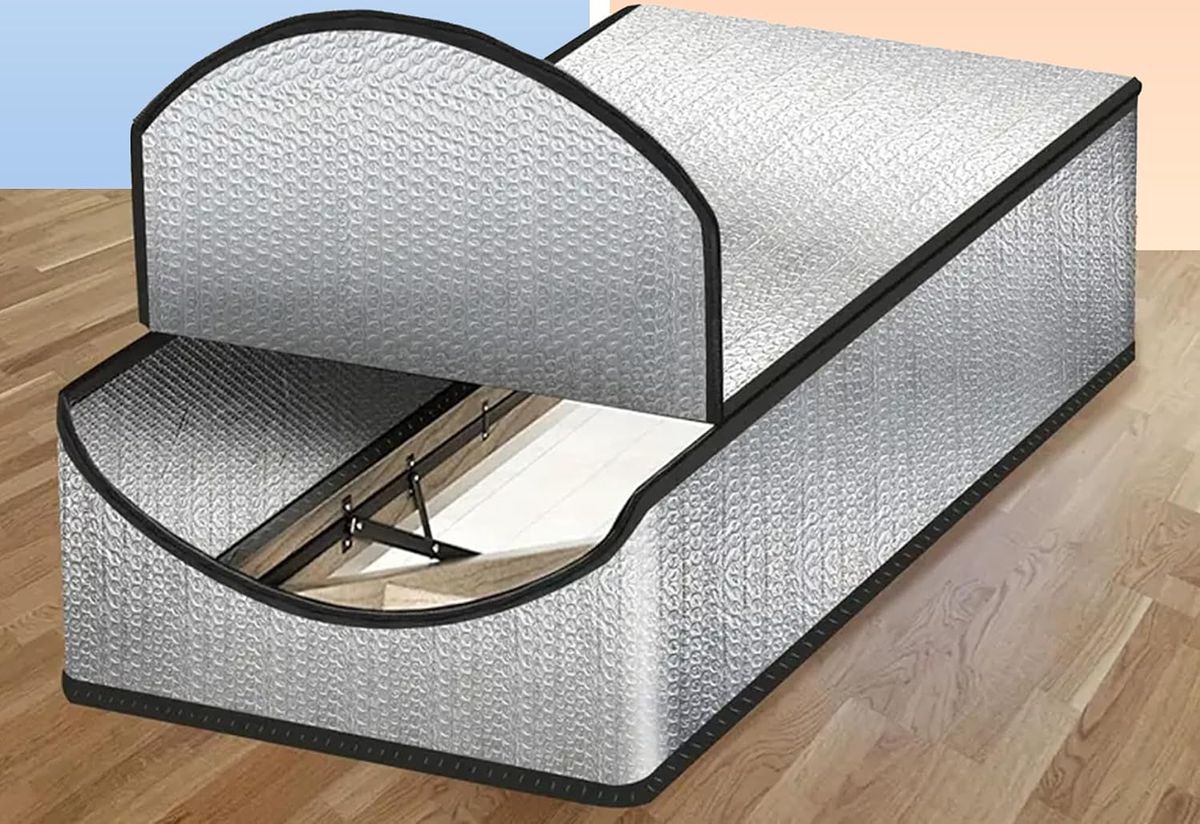Miloo silver attic stair insulation cover with zipper, set on a wood floor