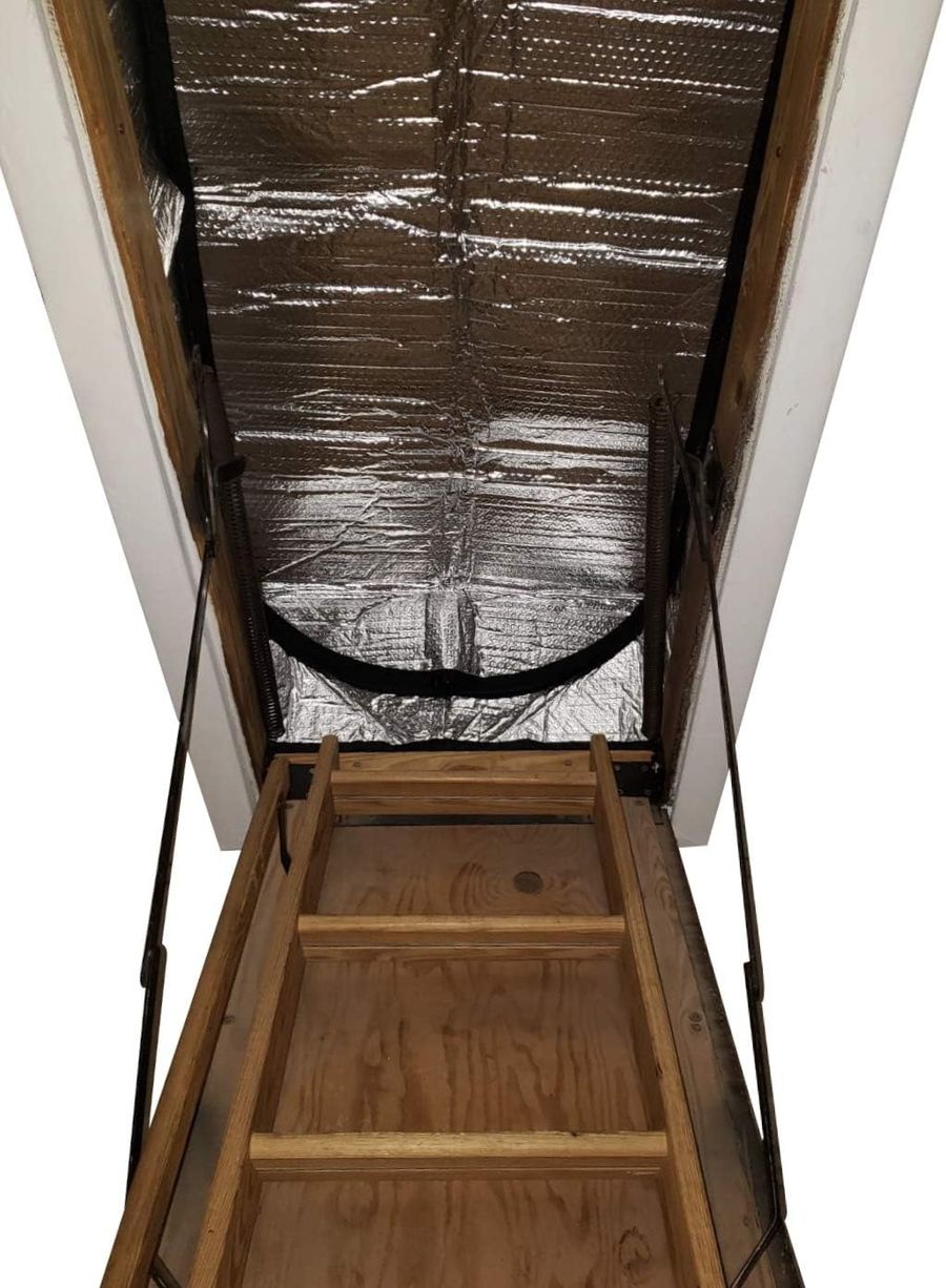 Miloo attic stair cover installed above an open pull-down attic stair, zipper flap open